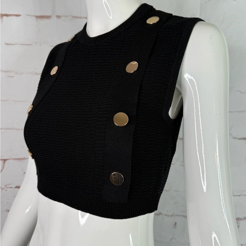 NEW ZARA S Black Sleeveless Crop Top Knit Vest Gold Button Accents Small NWT - Picture 11 of 15